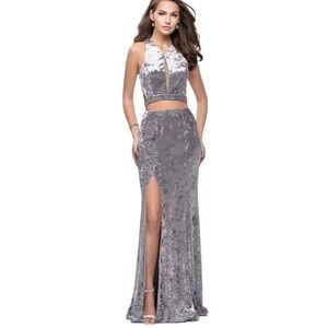 LA FEMME Silver Open-Back Long Mock Two-Piece Velvet Gown
